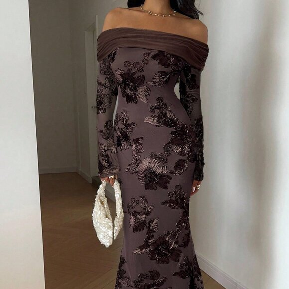 Coffee Brown Elegant Women's Floral Embroidery Off-Shoulder Maxi Dress - Picture 5 of 6